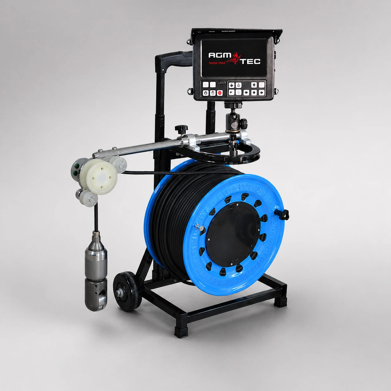 Caméra d’inspection verticale Verticam HAD V2 Compact — touret bleu avec écran intégré et caméra rotative AGM-TEC
