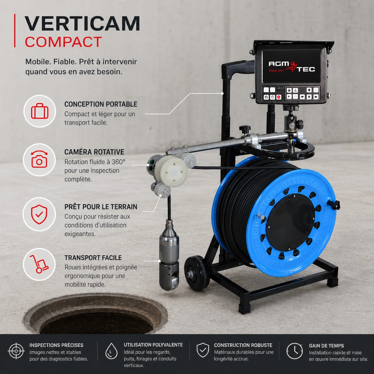 Verticam HAD V2 Compact — caméra de forage portable avec écran intégré et clavier de commande